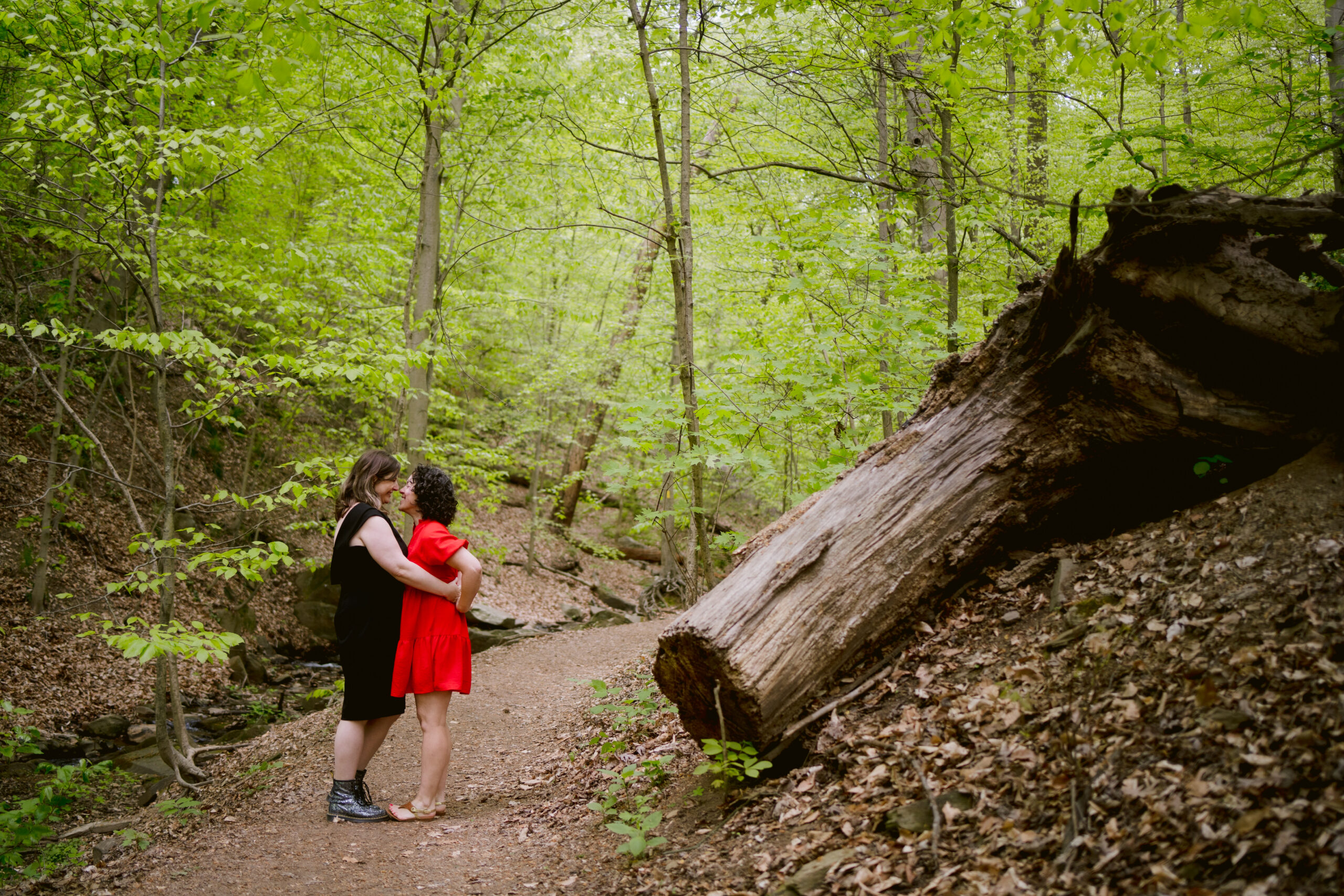 Two women embrace in the woods of Rock Creek Park during engagement photos.