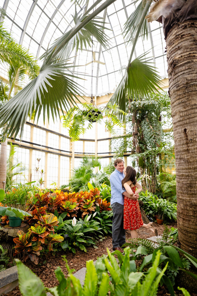 Couple hugging inside Rawlings Conservatory in Baltimore, MD, surrounded by lush tropical plants and warm greenhouse light during an engagement photo session.