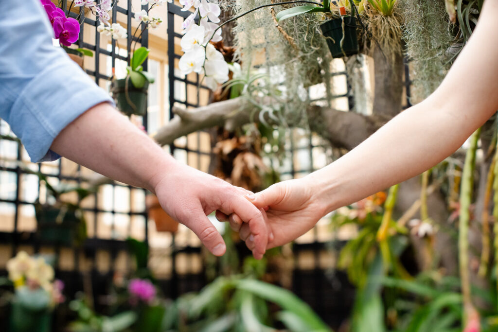 Close-up of a couple’s hands gently holding in front of blooming orchids and tropical greenery during a Rawlings Conservatory engagement photo session in Baltimore, MD.